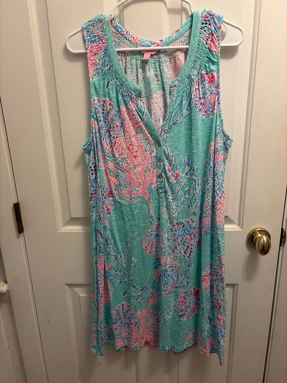 Lilly Pulitzer XL Fansea Minty Fresh Sleeveless Cotton Shift Dress Ocean Beach